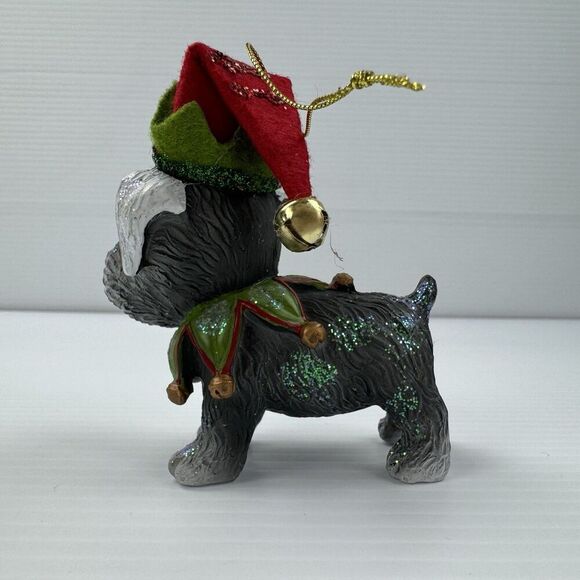 Schnauzer Dog Christmas Ornament - Wearing Santa Elf Hat & Collar - Picture 5 of 12